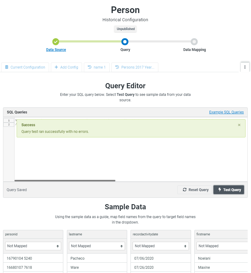 Query editor page with successful query entered and data mapping completed.